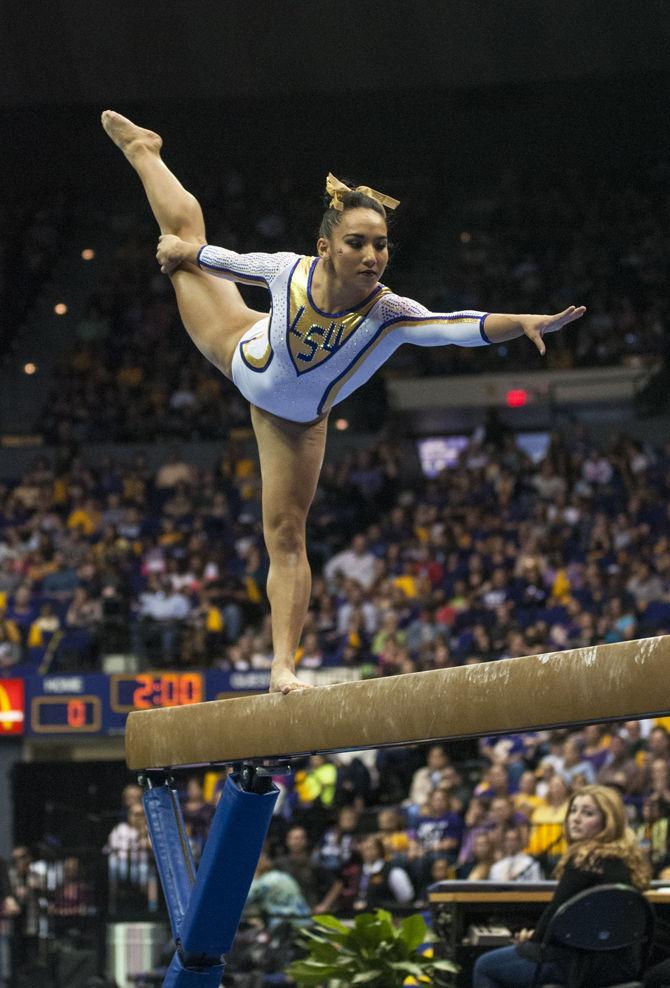 LSU all-around sophomore Myia Hambrick performs on the beam Friday, March 4, 2016, during the Tigers' 197.925-196.225 victory against Alabama in the PMAC.