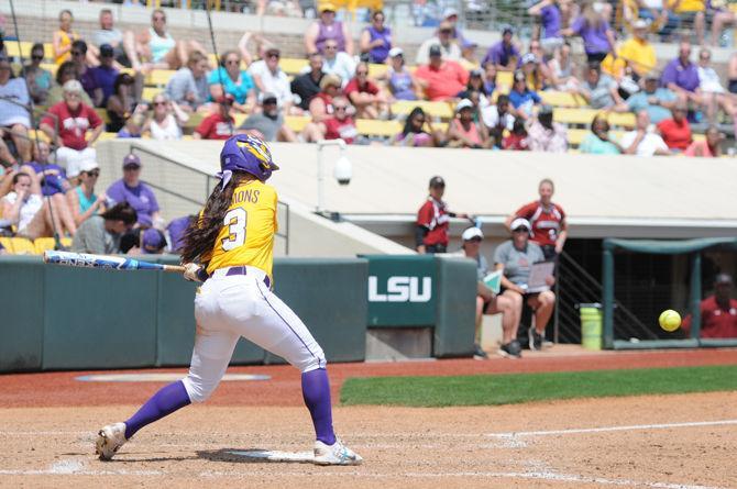 LSU senior infielder Sandra Simmons (3) gets ready to swing during the Tigers' 2-0 victory against South Carolina on Sunday, Apr. 24, 2016 in Tiger Park.