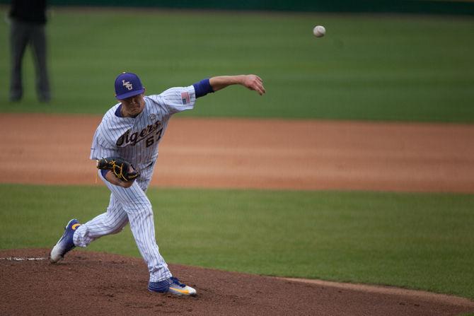 LSU freshman pitcher Jake Latz (67) pitches during LSU's 7-0 defeat on Tuesday, April 12, 2016 at Alex Box Stadium