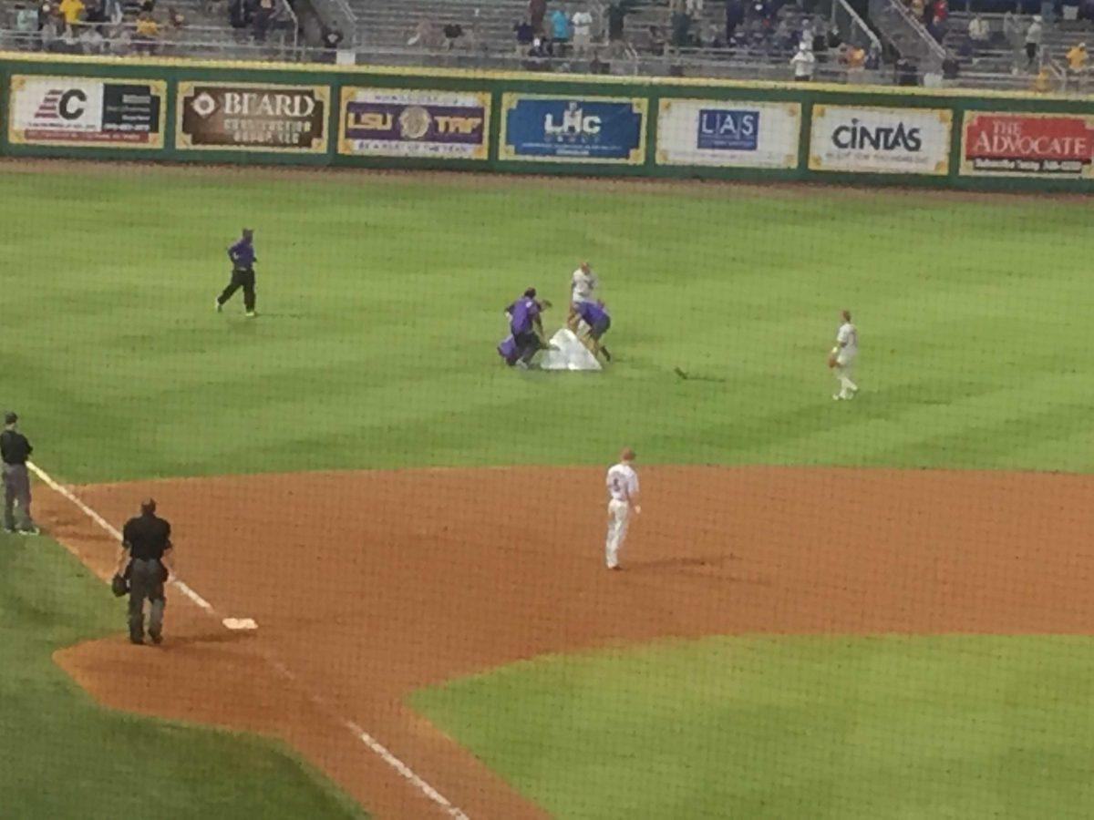 A possum wondered onto the field during No. 15 LSU's 10-9 win over Arkansas Saturday, May 7, at Alex Box Stadium.