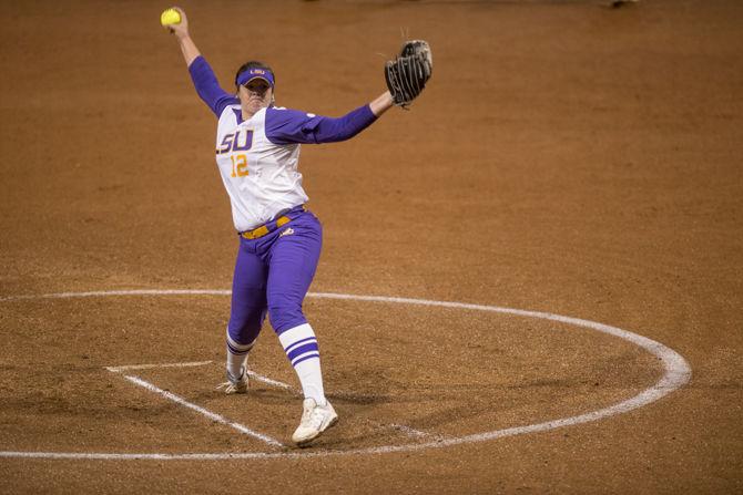 LSU freshman pitcher Sydney Smith (12) pitches during the Tigers' 8-0 victory against ULM on Tuesday, Mar. 1, 2016 in Tiger Park.