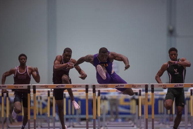 LSU junior Nethaneel Mitchell-Blake leaping over hurdles on Saturday, Feb. 13, 2016 in the Pete Maravich Assembly Center