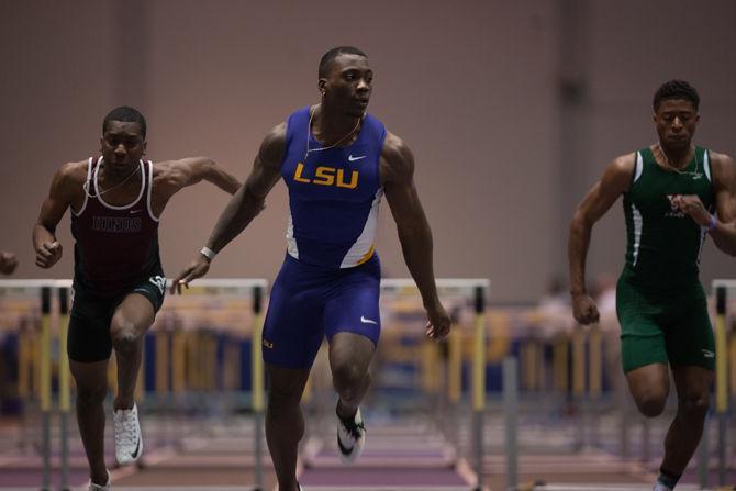 LSU junior Nethaneel Mitchell-Blake sprinting ahead oh his competitors on Saturday, Feb. 13, 2016 in the Pete Maravich Assembly Center