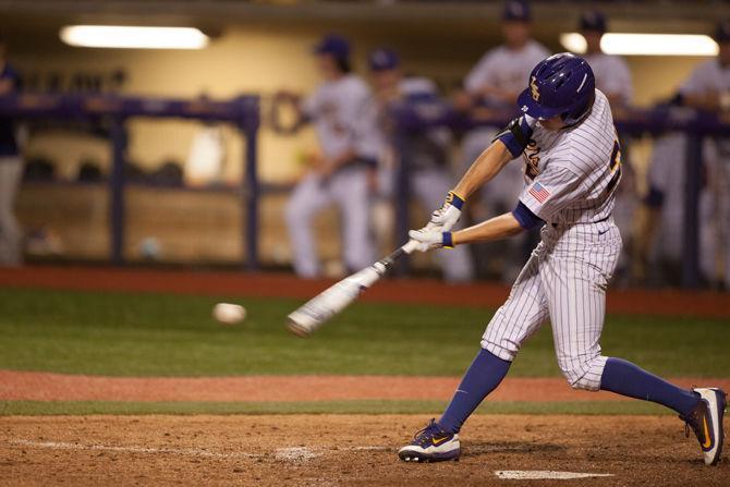 LSU freshman outfielder Antoine Duplantis (20) bats during LSU's 11-1 victory against Southern University on Tuesday, April 5, 2016 at Alex Box Stadium