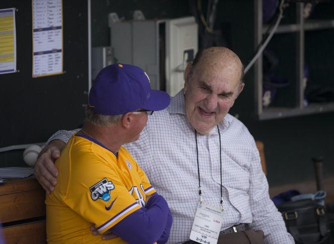 LSU baseball head coach Paul Mainieri and former head coach Skip Bertman speak before the Tigers' 8-4 final defeat against TCU in the NCAA Men's College World Series on Thursday, June 18, 2015 at the TD Ameritrade Park in Omaha.