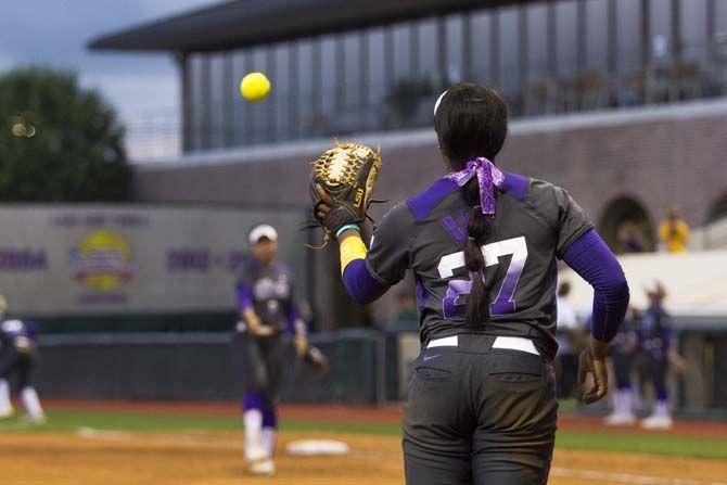 LSU senior infielder, Bianka Bell (27), catches the ball during the Tigers' 5-2 victory against McNeese State on Tuesday, April 26, 2016 at Tiger Park.