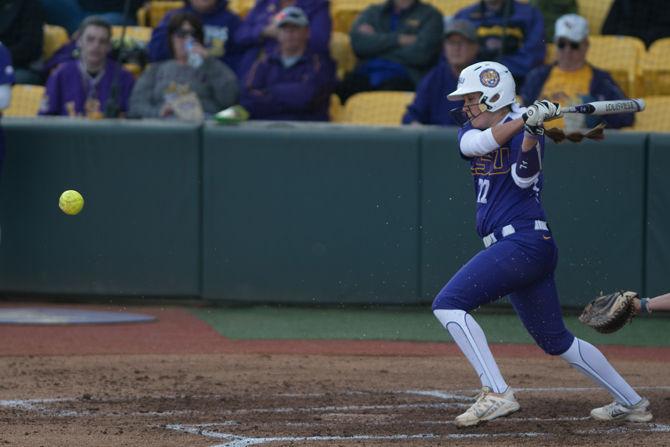 LSU senior catcher Kellsi Kloss (77) bats during LSU's 2-0 victory against the Nicholls State University on Tuesday, March 22, 2016 at Tiger Park