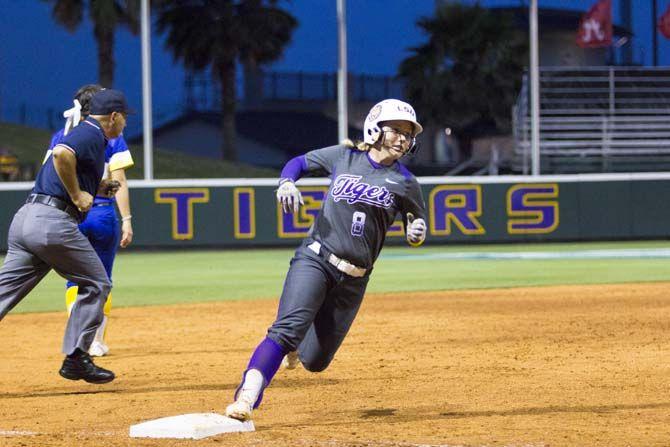 LSU sophomore outfielder, Emily Griggs (08), runs third base during the Tigers' 5-2 victory against McNeese State on Tuesday, April 26, 2016 at Tiger Park.