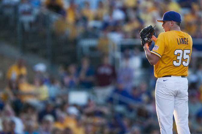 LSU sophomore pitcher Alex Lange (35) awaits for the catcher&#8217;s signal during the LSU vs Mississippi State baseball game on Saturday April 23, 2016.