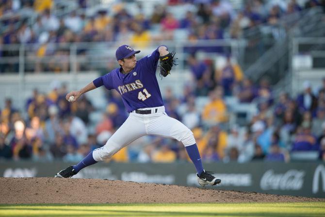 LSU Freshman Pitcher Caleb Gilbert pitching during LSU's 5-4 loss against Sacramento State on Saturday, Feb. 27, 2016 at Alex Box Stadium