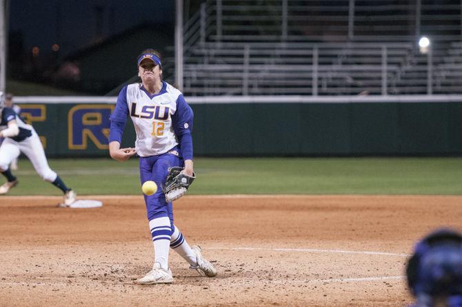 LSU freshman pitcher Sydney Smith (12) pitches during game one of the Tigers' 4-0 victory against Longwood University on Tuesday, Mar. 8, 2016 in Tiger Park.