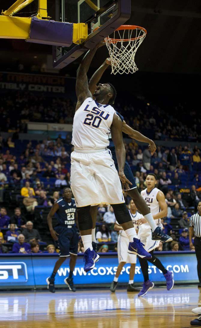 LSU junior forward Brian Bridgewater (20) goes up at the North Florida goal scoring two points during the Tigers' 119-108 win against the North Florida Ospreys on Wednesday Dec. 2, 2015, at the PMAC.