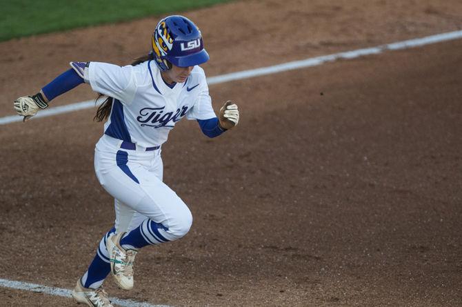 LSU senior infielder Sandra Simmons (3) runs to first during the Tigers' 10-2 victory against LIU Brooklyn on Friday, May 20, 2016 in Tiger Park.