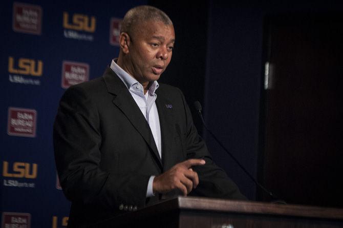 LSU head coach Johnny Jones discusses the upcoming basketball season with members of the media on Monday, Oct. 26, 2015, in the Athletic Administration Building.