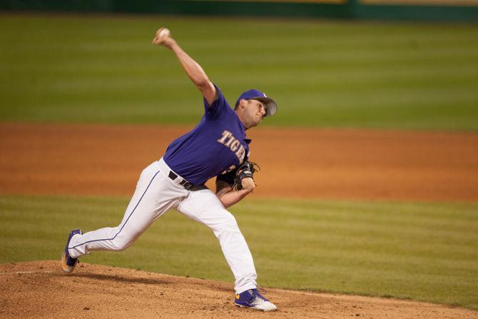 LSU's sophmore pitcher Alex Lange pitches (35) during LSU's 3-2 victory against Vanderilt on Friday, April 8, 2016 at Alex Box Stadium