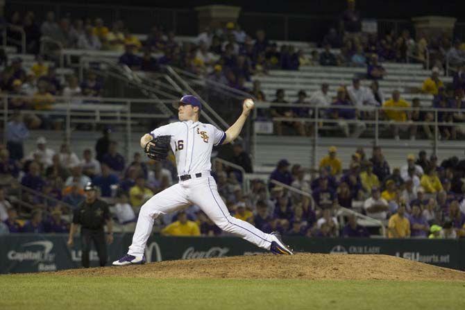 LSU junior pitcher, Jared Poche' (16), throws a strike during the Tigers&#8217; 13-4 victory against Vanderbilt on Thursday. April 04, 2016 in the Alex Box.