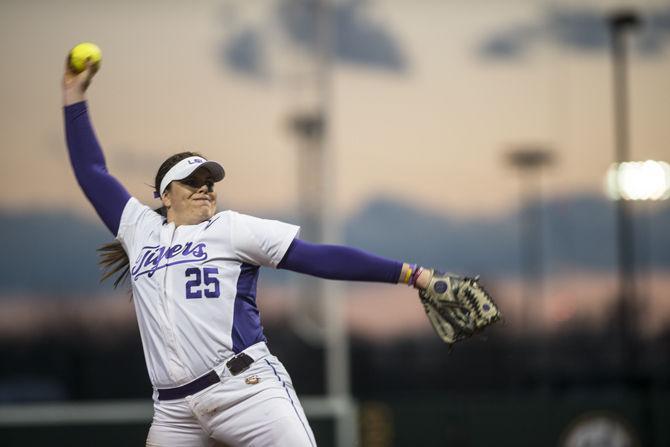 LSU sophomore pitcher Allie Walljasper (25) winds up for the pitch Wednesday, Feb. 24, 2016, during the Tigers' 5-0 victory against South Alabama in Tiger Park.