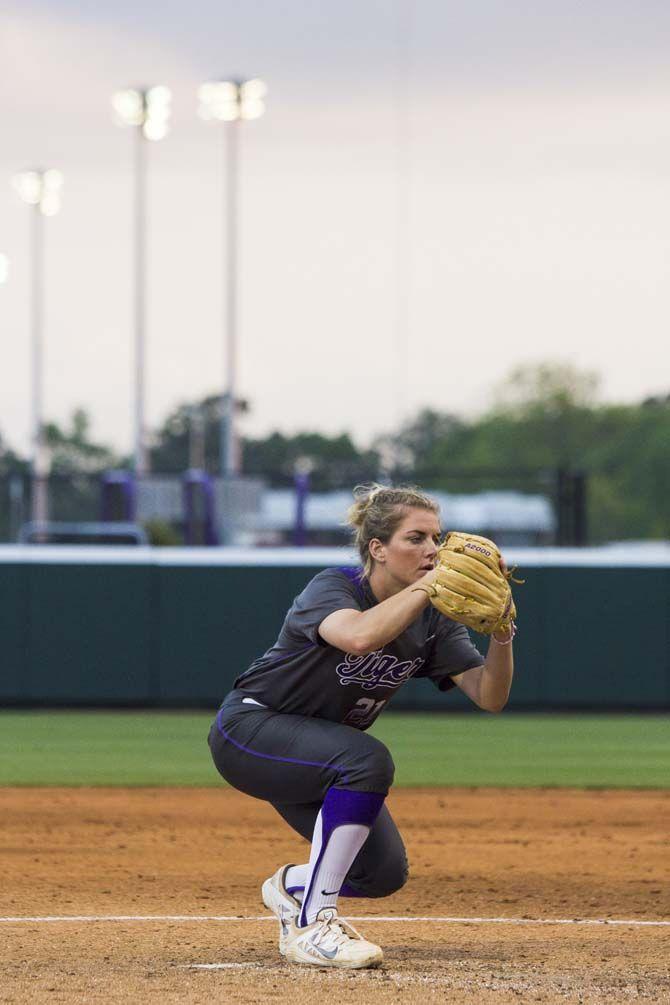 LSU sophomore pitcher, Carley Hoover (21), pitches the ball during the Tigers' 5-2 victory against McNeese State on Tuesday, April 26, 2016 at Tiger Park.