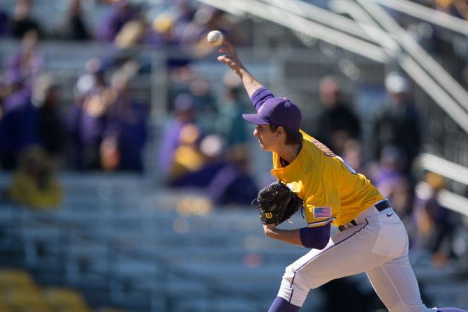 LSU fresbman pitcher Caleb Gilbert (41) pitches during LSU's 7-5 victory against the University of Alabama on Sunday, March 20, 2016 at Aleb Box Stadium