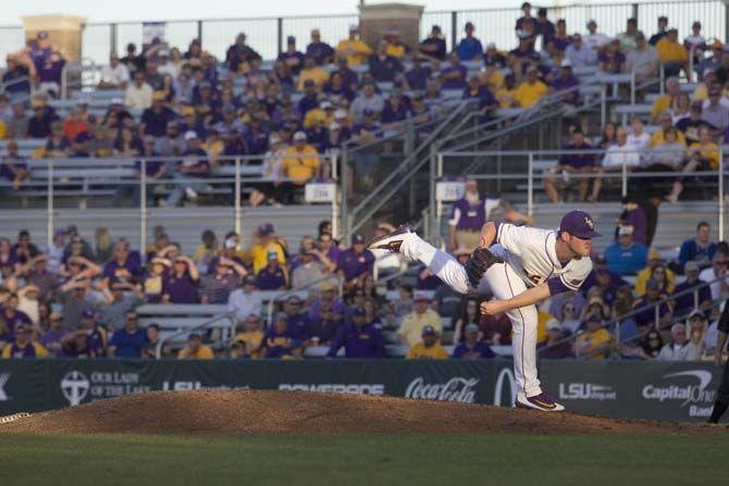 LSU junior pitcher, Jared Poche' (16), throws a strike during the Tigers&#8217; 13-4 victory against Vanderbilt on Thursday. April 04, 2016 in the Alex Box.