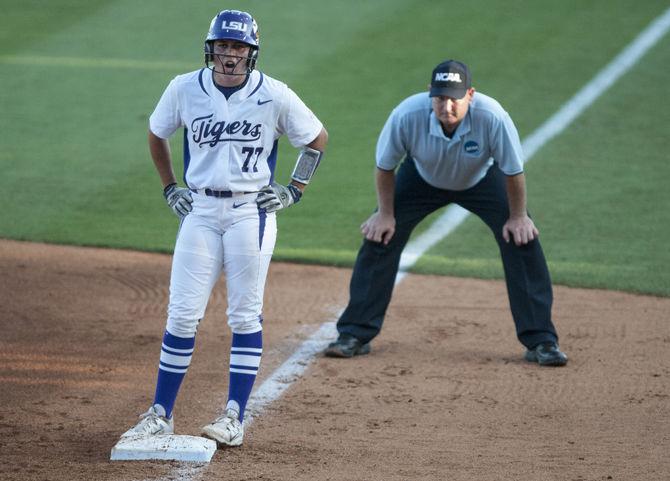 LSU senior catcher Kellsi Kloss (77) cheers from first during the Tigers' 10-2 victory against LIU Brooklyn on Friday, May 20, 2016 in Tiger Park.