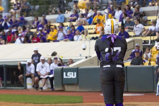 LSU senior infielder, Bianka Bell (27), hits the ball during the Tigers' 5-2 victory against McNeese State on Tuesday, April 26, 2016 at Tiger Park.