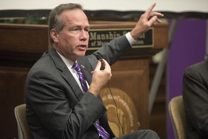 President F. King Alexander speaks during a panel after the showing of director Steve Mims' Starving the Beast: The Battle to Disrupt and Reform America's Public Universities on Monday, April 18, 2016 in Manship's Holliday Forum.