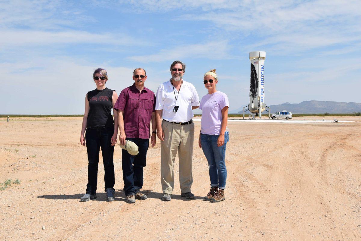 Researchers from William Jewell College and LSU were selected to have an experiment aboard the Blue Origin suborbital space flight on June 19. Researchers from left to right: Grace Bunton, Patrick Bunton, John Pojman and Erika Storvick.&#160;