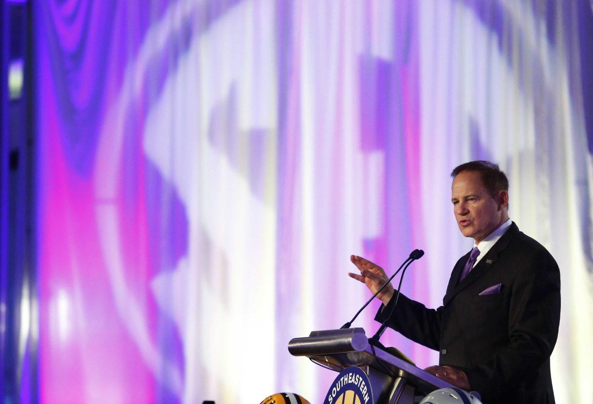 LSU coach Les Miles speaks to the media at the Southeastern Conference NCAA college football media days, Thursday, July 14, 2016, in Hoover, Ala. (AP Photo/Brynn Anderson)