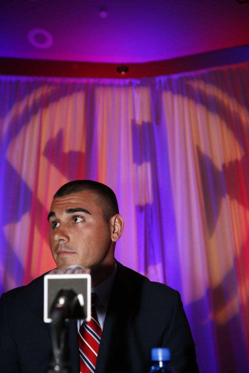 Mississippi quarterback Chad Kelly speaks to the media at the Southeastern Conference NCAA college football media days, Thursday, July 14, 2016, in Hoover, Ala. (AP Photo/Brynn Anderson)