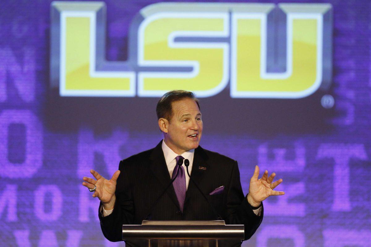 LSU coach Les Miles speaks to the media at the Southeastern Conference NCAA college football media days, Thursday, July 14, 2016, in Hoover, Ala. (AP Photo/Brynn Anderson)