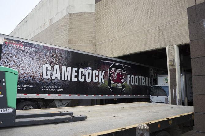 Donations from the University of South Carolina as they are unloaded on Saturday Aug. 20, 2016 from where they will go on to be destributed to flood victims.