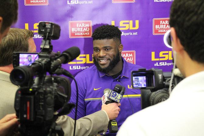 LSU junior defensive tackle Greg Gilmore #99 speaks to media on Monday, Aug. 22, 2016.