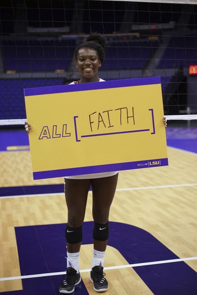 LSU junior outside and right side hitter Gina Tillis (12) is "All Faith" on Aug. 31, 2016, as the Lady Tigers prepare for matches this upcoming weekend.