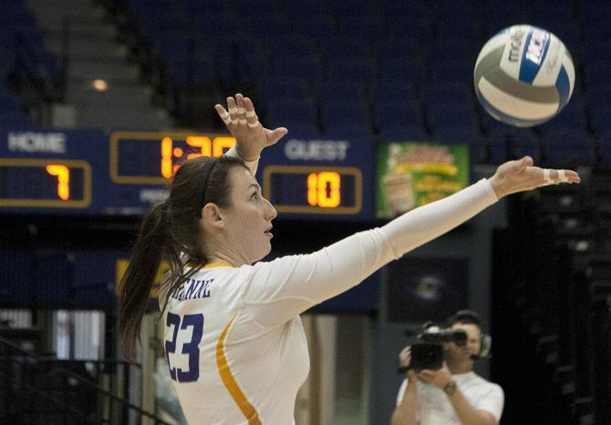 LSU sophomore setter/defensive specialist Cheyenne Wood (23) gets set to serve the ball on Sunday, Nov. 22, 2015 during the Tigers' loss to teh University of Kentucky in the PAMC.