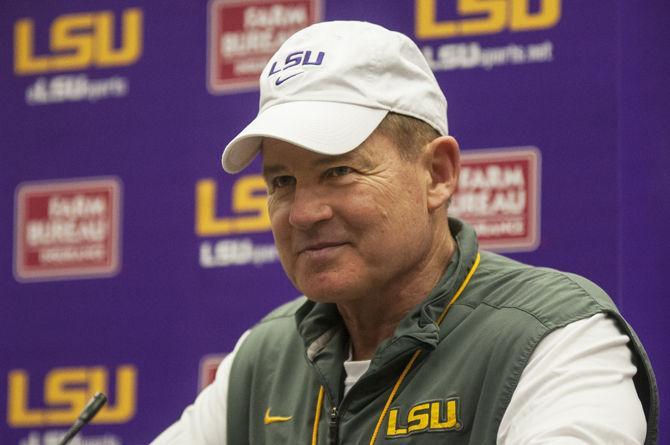 LSU head football coach Les Miles meets with the media after the team's first spring practice on March 7, 2016 at the Football Operations Center.