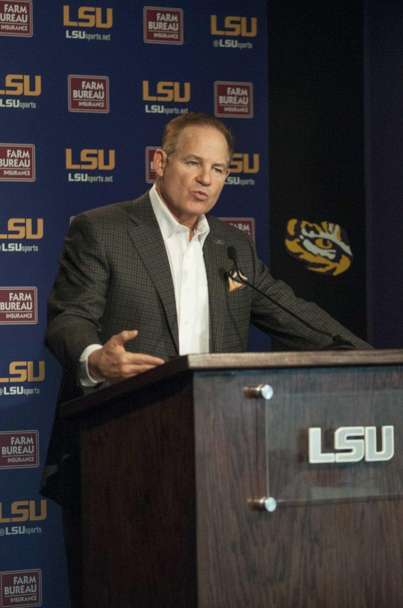 LSU coach Les Miles addresses the media during his weekly Subway Fresh Take by Les Miles&#8217; press conference on Monday, Nov. 16, 2015 in the athletic administration building.