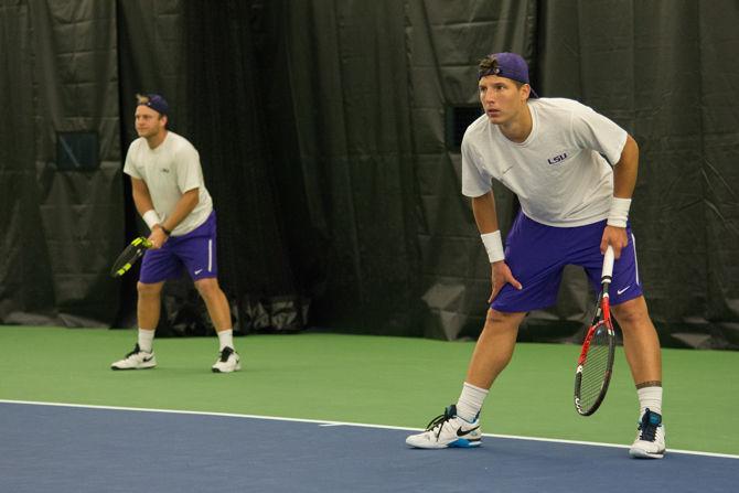 LSU sophmore Gabor Csonka and senior Andrew Korinek play a doubles match during LSU's defeat against the University of Alabama on Friday, March 18, 2016 at the LSU Tennis Facility