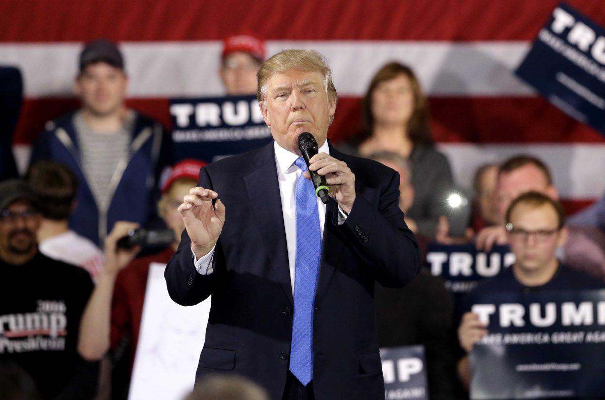 Republican presidential candidate Donald Trump speaks at a campaign stop Tuesday, March 29, 2016, in Janesville, Wis. (AP Photo/Nam Y. Huh)