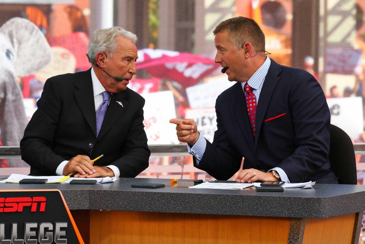 Sep 5, 2015; Fort Worth, TX, USA; Lee Corso and Kirk Herbstreit during the live broadcast of ESPN College GameDay at Sundance Square. Mandatory Credit: Ray Carlin-USA TODAY Sports