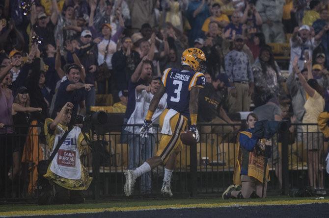 LSU freshman wide receiver Tyron Johnson (3) scores a touchdown during the Tigers&#8217; 48- 20 victory against Western Kentucky on Saturday, Oct. 24, 2015 in Tiger Stadium.