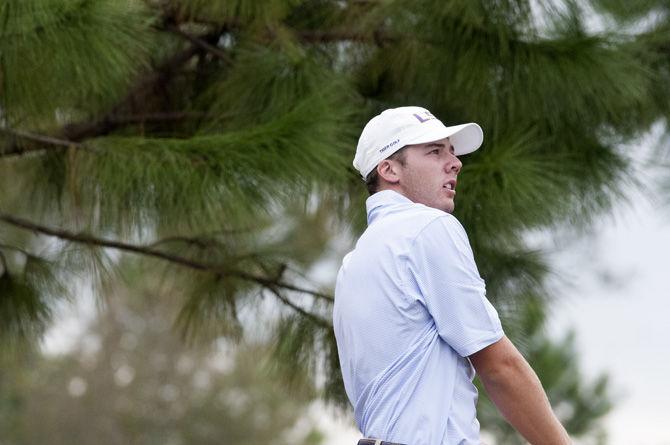 LSU freshman golfer Sam Burns follows his ball during the David Toms Intercollegiate tournament on Oct. 11, 2015, at the University Club golf course.