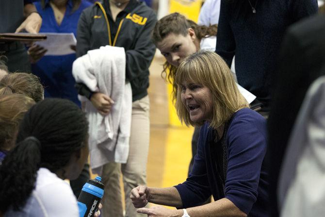 LSU volleyball head coach Fran Flory gives a pep talk Sunday, Sept. 27, 2015, during the Tigers' 3-0 victory over South Carolina in the PMAC.