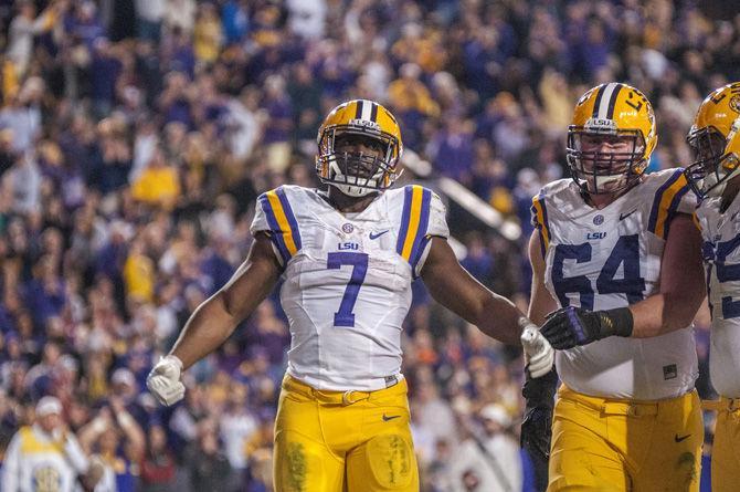 Then-sophomore running back Leonard Fournette (7) celebrates after scoring a touchdown during the Tigers' 31-14 defeat against the University of Arkansas on Nov. 14. 2015 in Tiger Stadium.