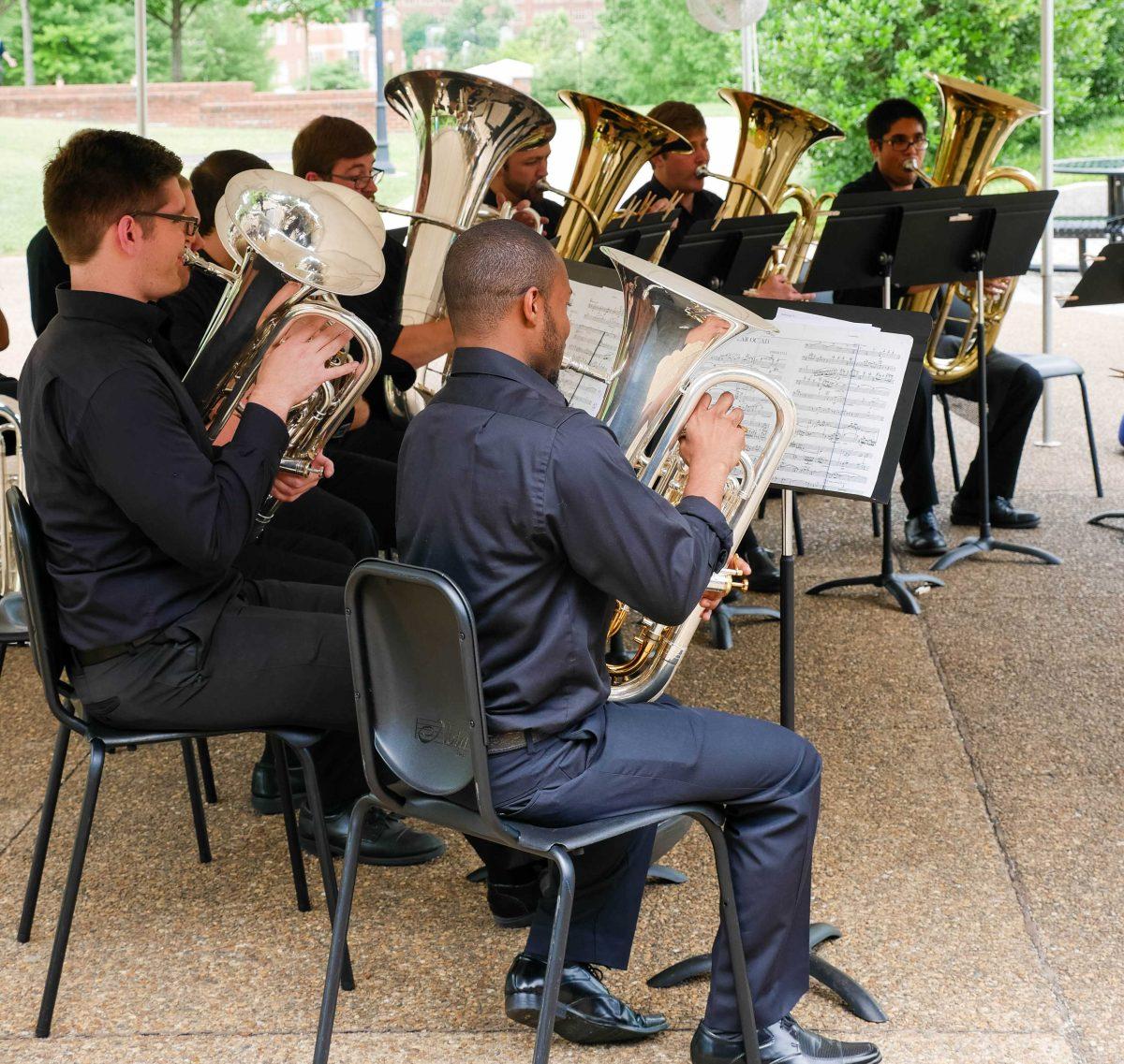 The LSU Tuba-Euphonium Ensemble performs near the Enchanted Forest on LSU's campus on Feb. 16, 2016.&#160;