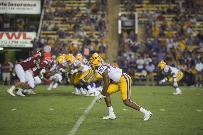 LSU senior wide reciever Travin Dural (83) prepares to run when the play beings during Tigers' 34-13 Victory against Jacksonville State University on Sept. 10, 2016, in Death Valley.