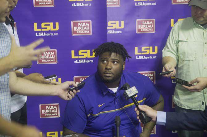 LSU Sophomore Nose Tackle Travonte Valentine (55) addresses media and reporters on Sept. 6, 2016, at the Football Operations Center on LSU campus.