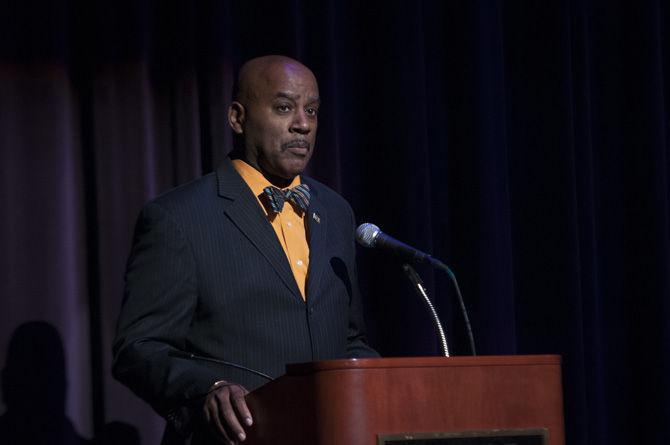 LSU Vice Provost for Diversity Dereck Rovaris gives a welcoming message on Thursday, Sept. 17, 2015, during the 26th Annual Harambee at the LSU Student Union Theater.