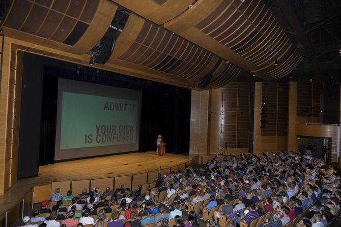 Milo Yiannopoulos shows off a slideshow on Sept. 21, 2016 at the Student Union Theater.