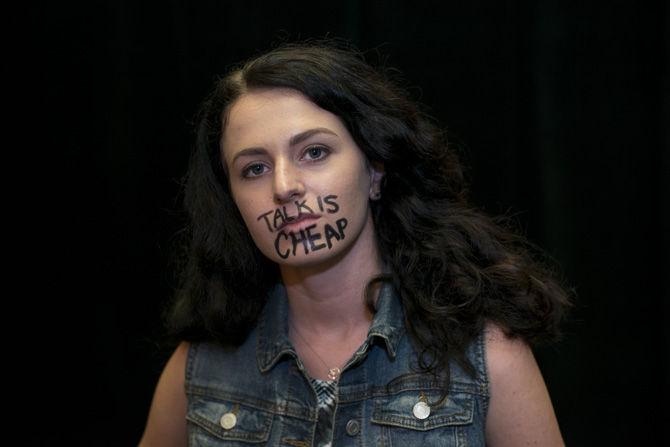 Students send messages to the world with written phrases on their body during the Dear World event on Thursday Sept. 22, 2016, in the LSU Student Union.